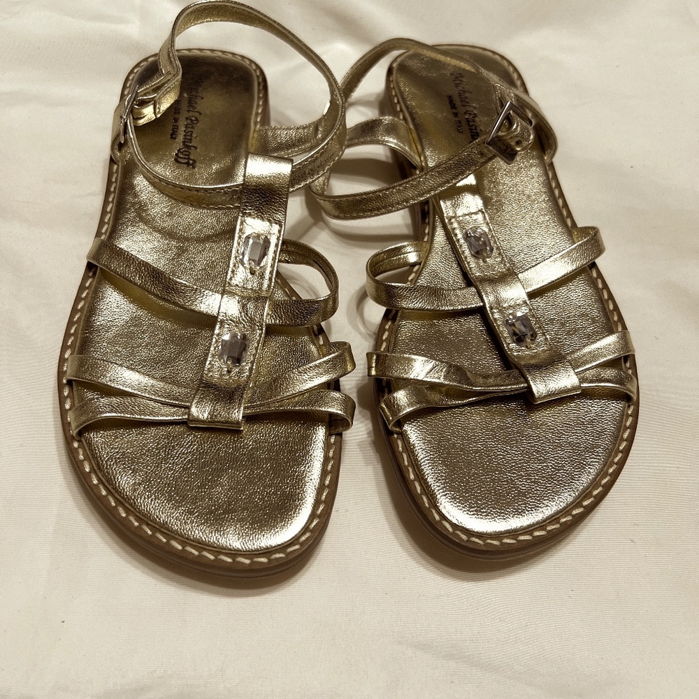 Michael Pasinkoff Metallic Gold Flat Rhinestone Embellished Sandals New